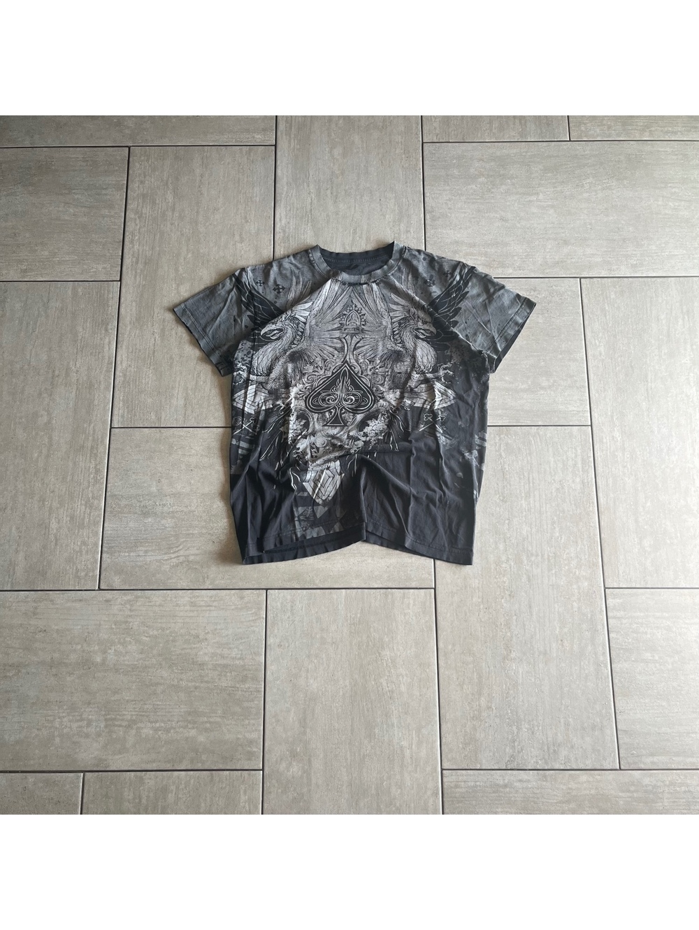 Graphic Black and Gray Short Sleeve T-Shirt with Ace of Spades Y2K Design